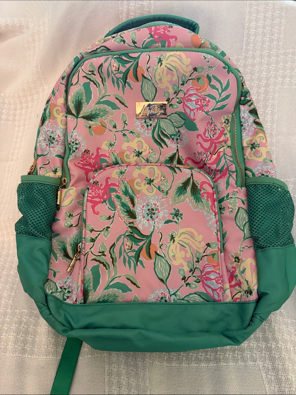 Lilly Pulitzer Pink Floral Backpack with Green Trim